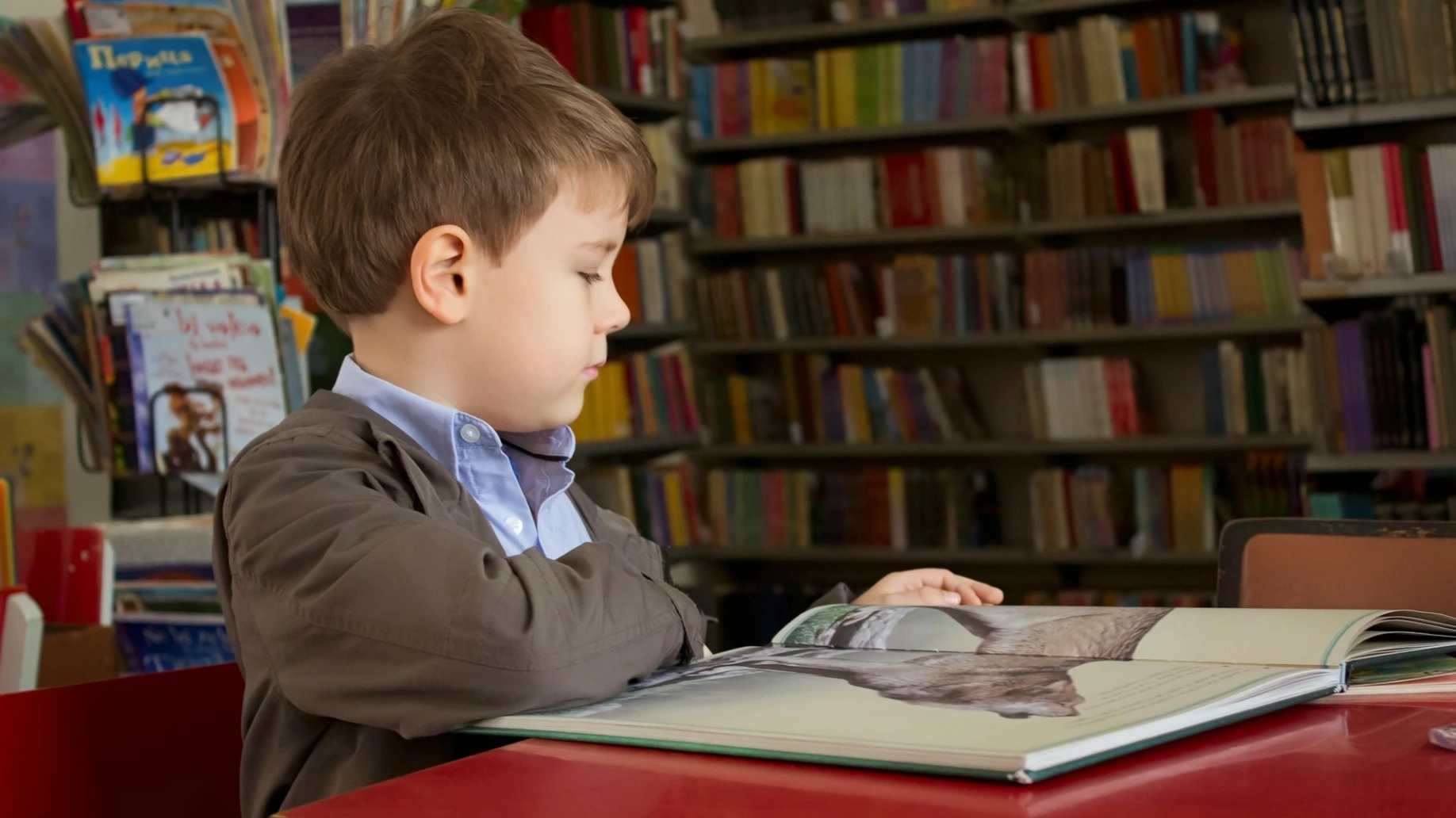 boy sitting near red table reading book